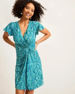 Clara Playa Python Short-Sleeve Faux-Wrap Dress