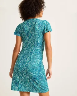 Clara Playa Python Short-Sleeve Faux-Wrap Dress