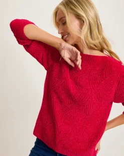 Island Luna Chenille Shell Stitch Boat-Neck Sweater