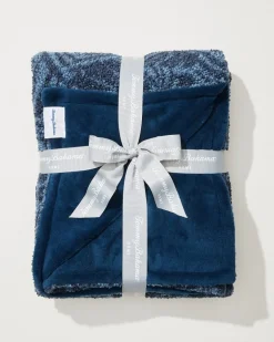 Palm Fronds Navy Faux Teddy Throw